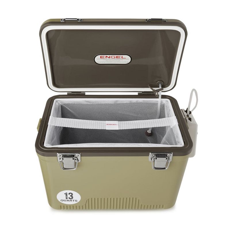 Engel 13 Quart Portable Insulated Live Bait Fishing Dry Box 18 Can Hard Airtight Cooler with Water Speed Aerator Pump and Removable Pull Net, Tan