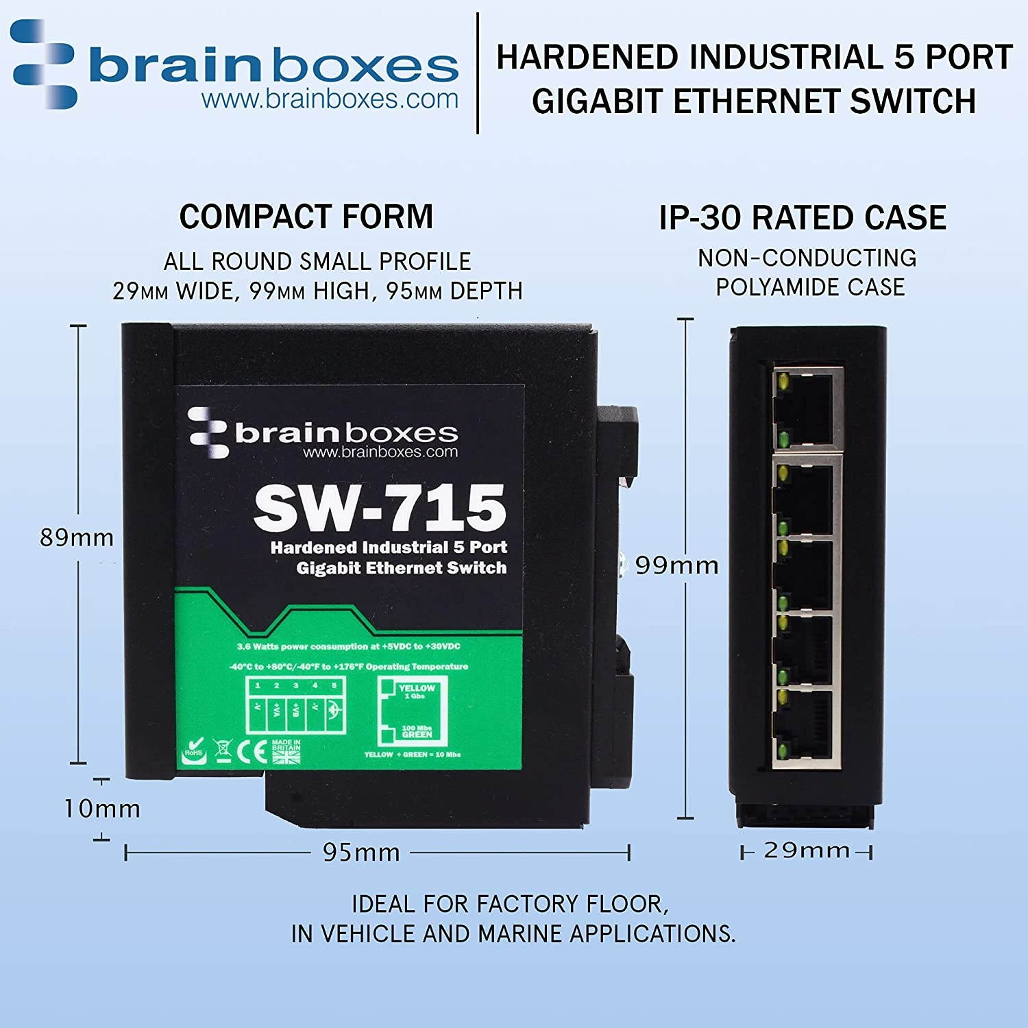Brainboxes - SW-715 - Brainboxes Hardened Industrial 5 Port Gigabit Ethernet Switch DIN Rail Mountable - 5 Ports - TAA Compliant - 2 Layer Supported - Twisted Pair - DIN Rail Mountable - Lifetime