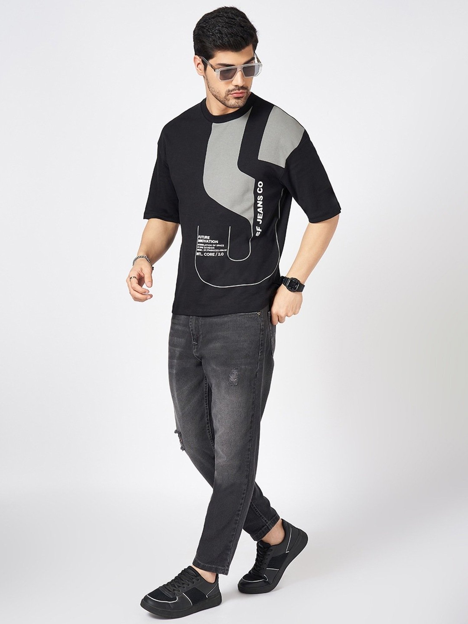 Sf Jeans By Pantaloons Black Cotton Loose Fit Printed T-Shirt
