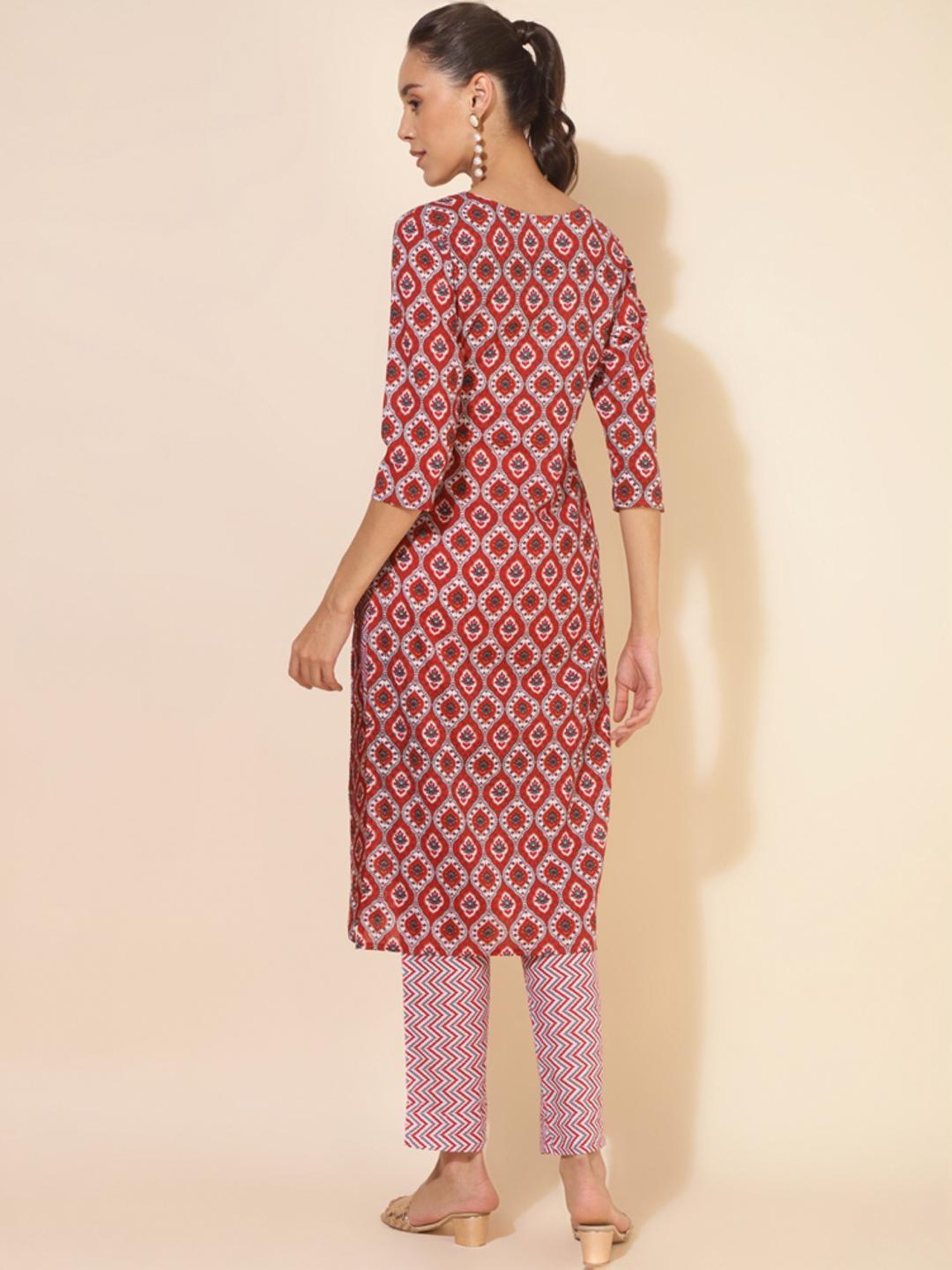 Janasya Red Cotton Printed Kurta Pant Set