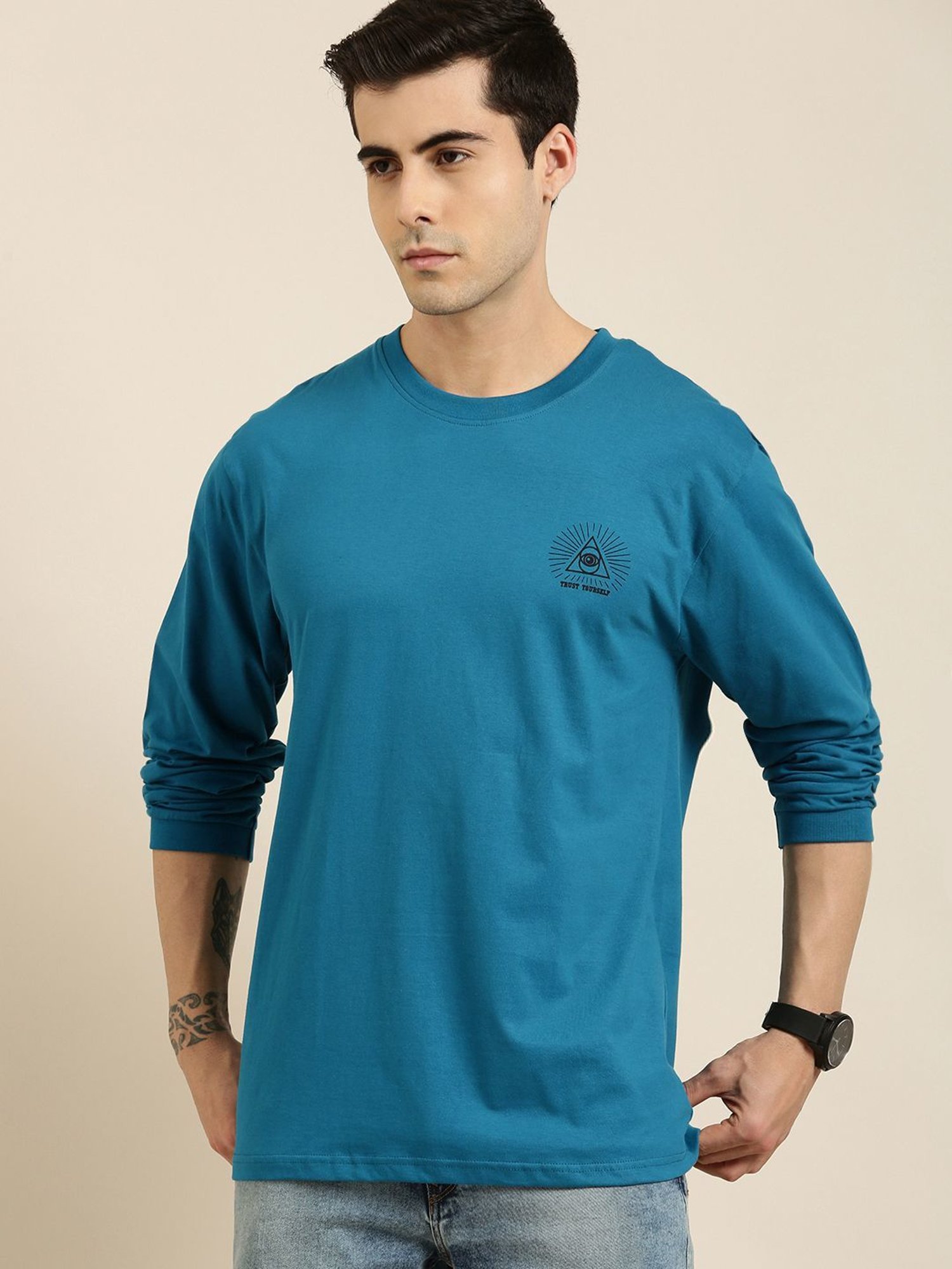 Difference of Opinion Blue Cotton Loose Fit Printed T-Shirt