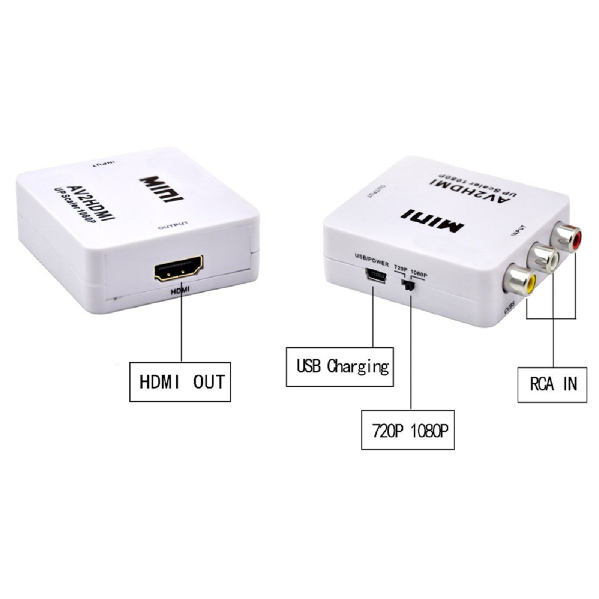 Mini 3RCA AV/CVBS Composite Video to HDMI 720p 1080p Upscaling Converter Adapter Supports PAL NTSC with USB Charge Cable for TV PC PS3 Xbox STB Blue-Ray DVD