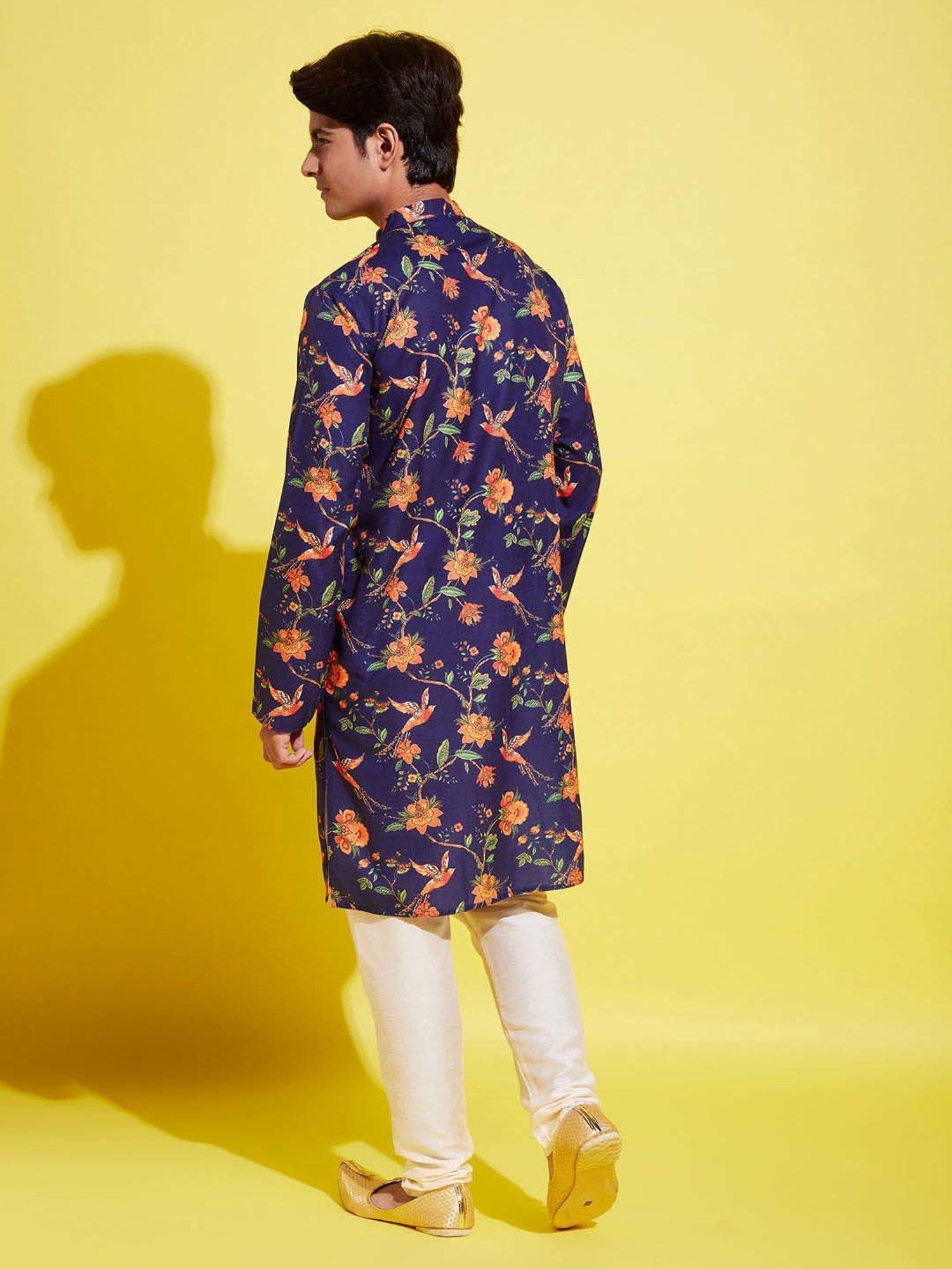 VASTRAMAY Boys Navy & Cream Floral Full Sleeves Kurta Sets