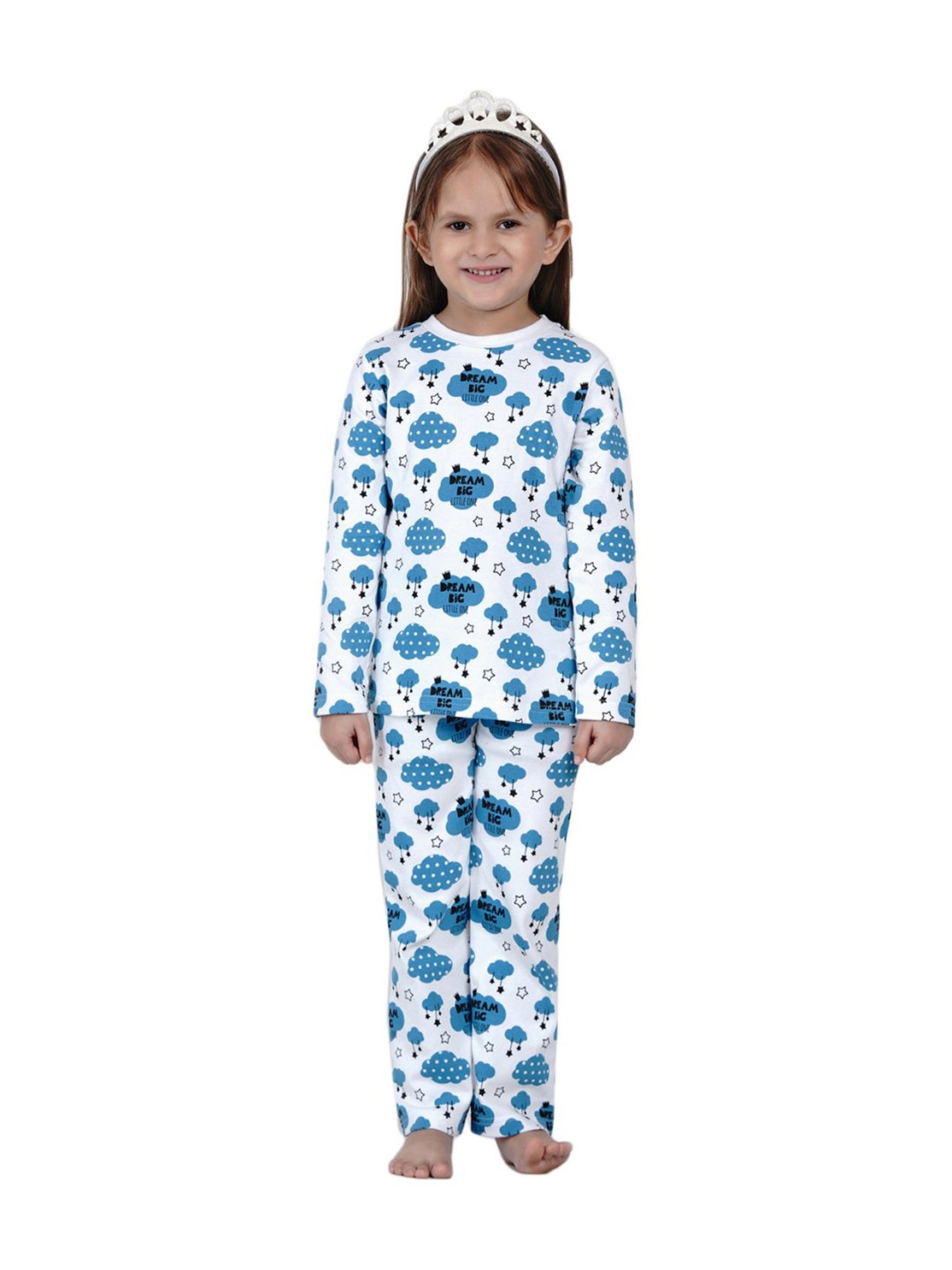 Berrytree Organic Girls Blue Cotton Clouds Print Night Suits