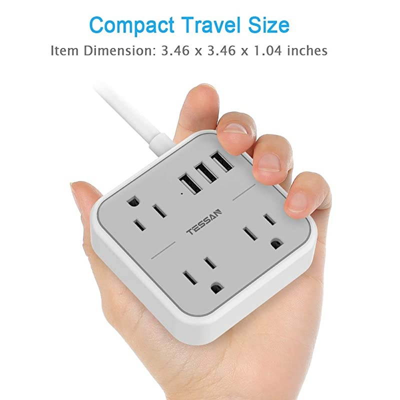 Strip with USB TESSAN Flat Plug Extension Cord with 3 USB Ports Mini Travel Strip with 3 Widely Spaced Outlets 5 Feet Cord Compact for Cruise Ship Hotel Dorm Room Home Gray