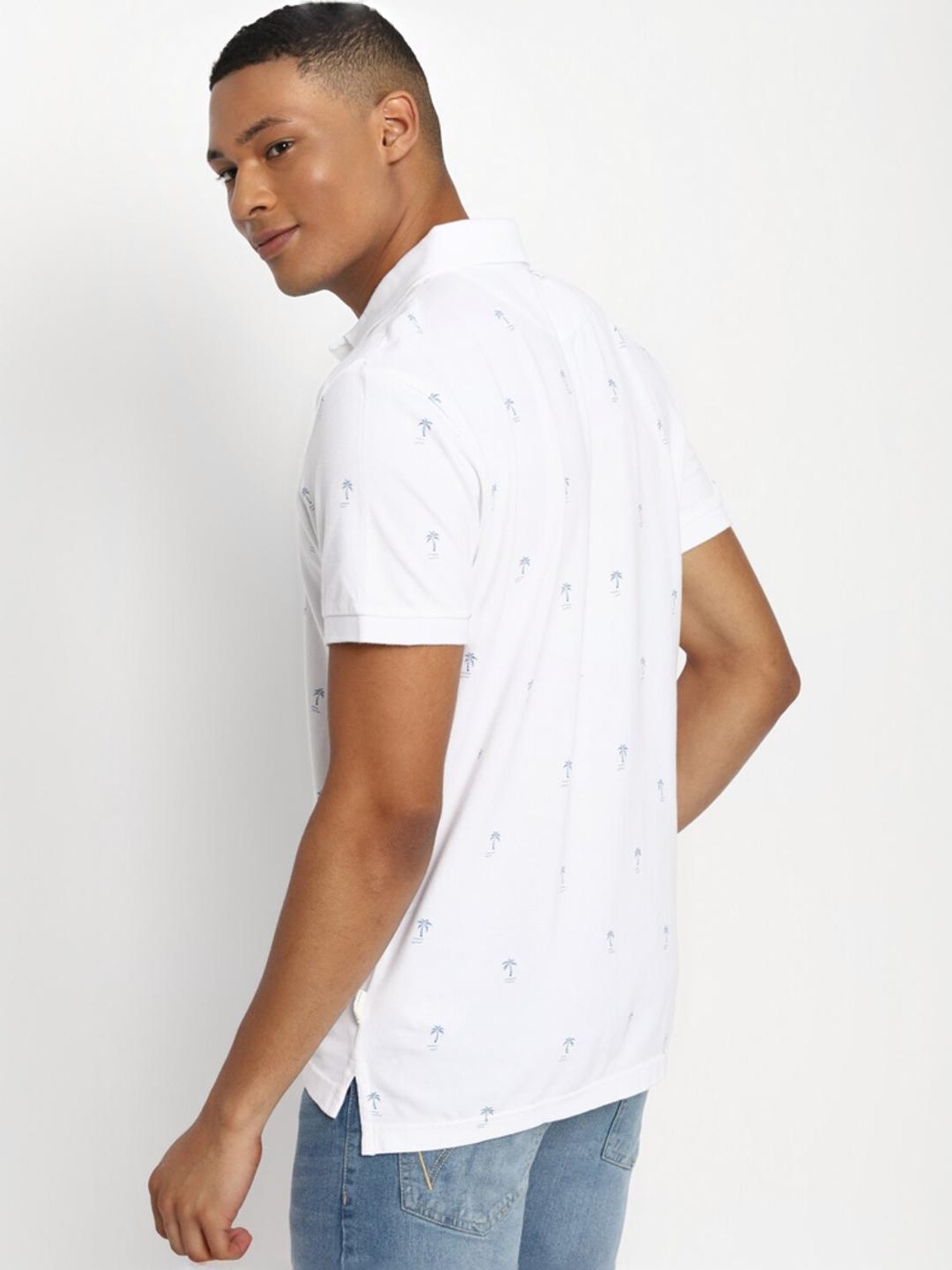 American Eagle White Cotton Skinny Fit Printed Polo T-Shirts