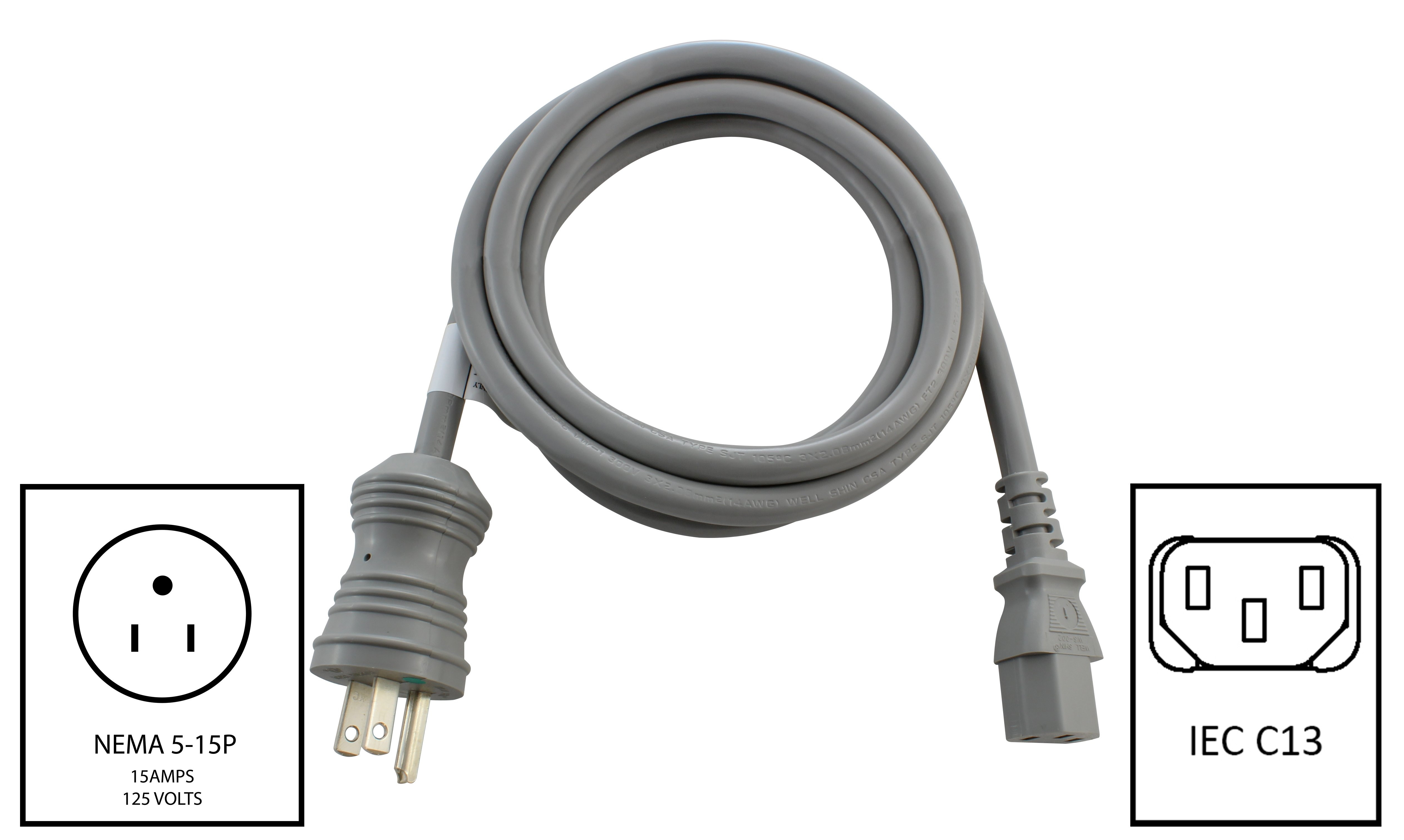 15A 6FT 14/3 Medical Grade Power Cord to IEC C13 End