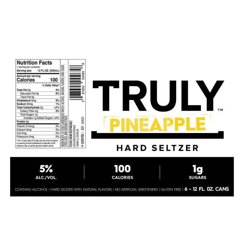 Truly Pineapple Hard Seltzer - 6pk/12 fl oz Slim Cans
