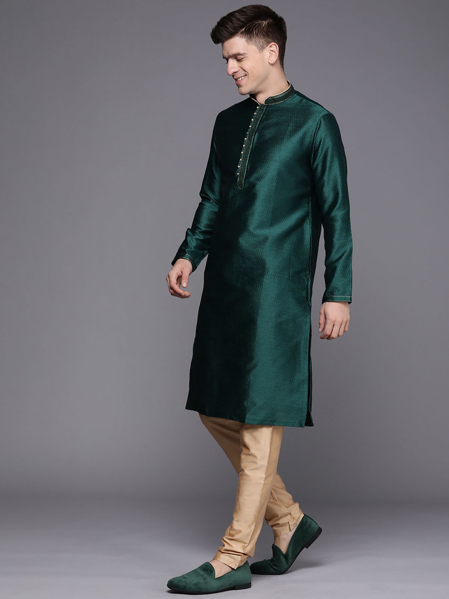 Manyavar Dark Green Regular Fit kurta with Churidar Set