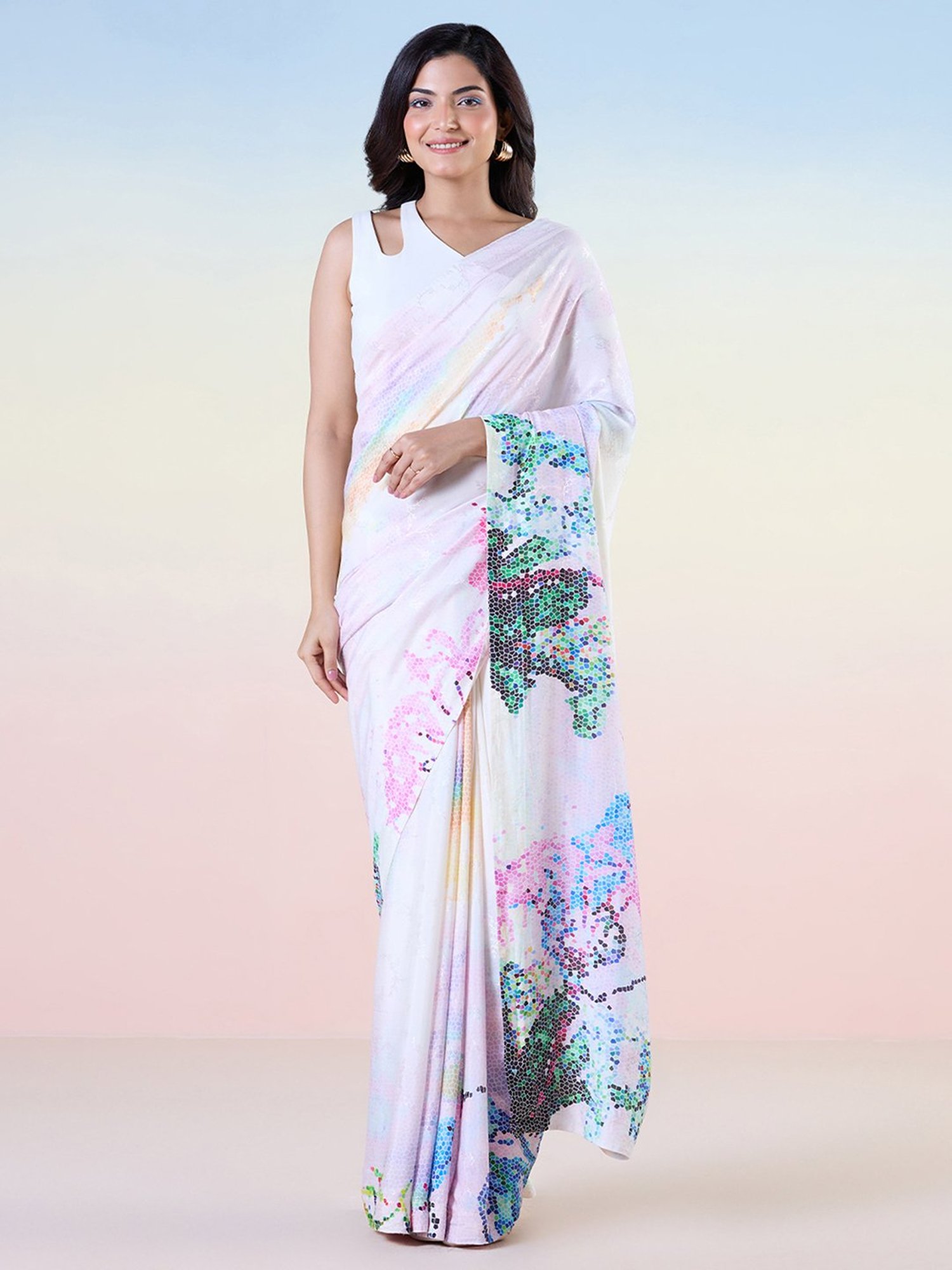 navyasa by liva Blue Printed Saree With Unstitched Blouse