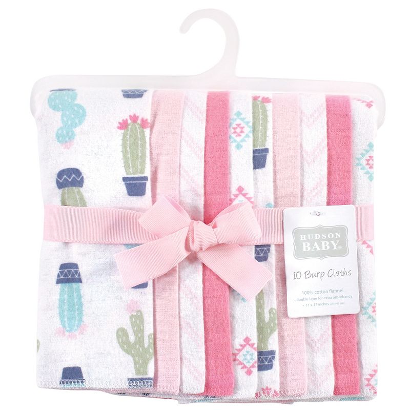 Hudson Baby Infant Girl Cotton Flannel Burp Cloths, Pink Cactus, One Size