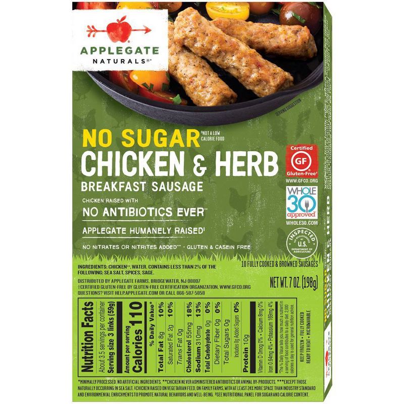 Applegate Naturals No Sugar Chicken & Herb Breakfast Sausages - Frozen - 7oz/10ct