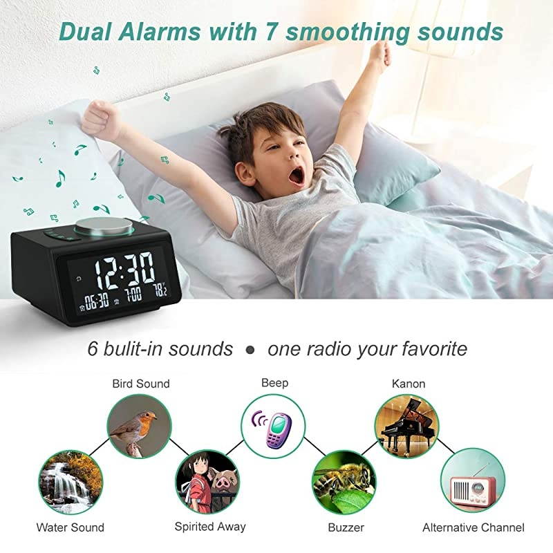 Small Digital Alarm Clock Radio FM RadioDual USB Charging PortsDual Alarms with 7 Alarm SoundsAdjustable VolumeTemperature5 Level Brightness DimmerBattery BackupBedrooms Sleep Timer