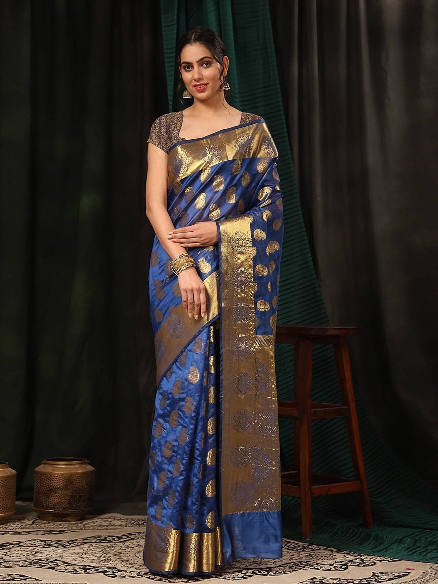 Silk Land Banarasi Silk Blue Woven Saree With Blouse