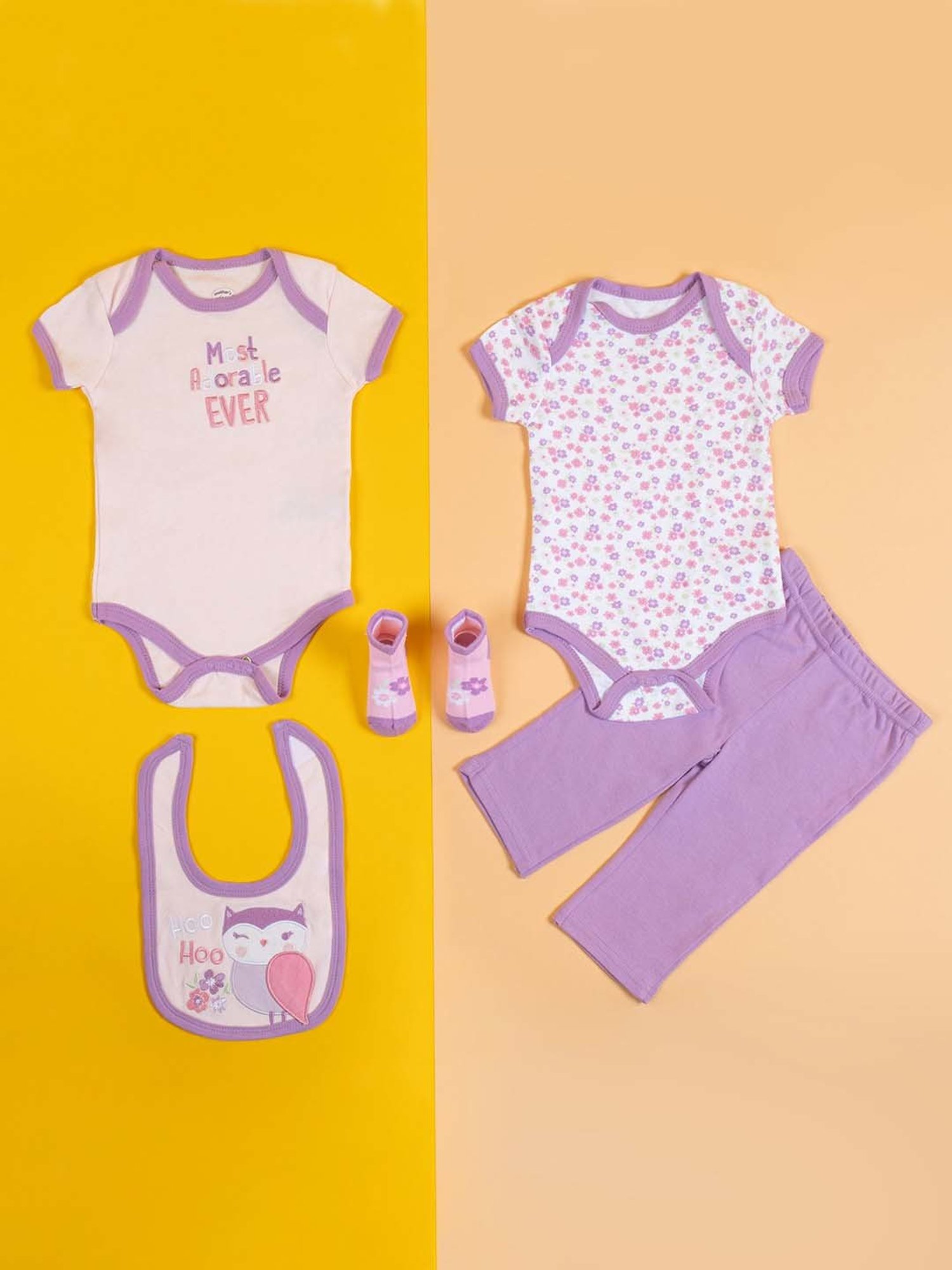 Baby Moo Kids Purple & White Cotton Printed Bodysuit Set