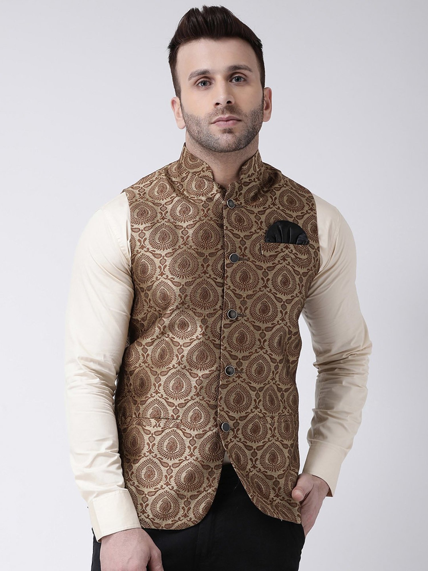 Hangup Plus Brown Regular Fit Jacquard Nehru Jacket