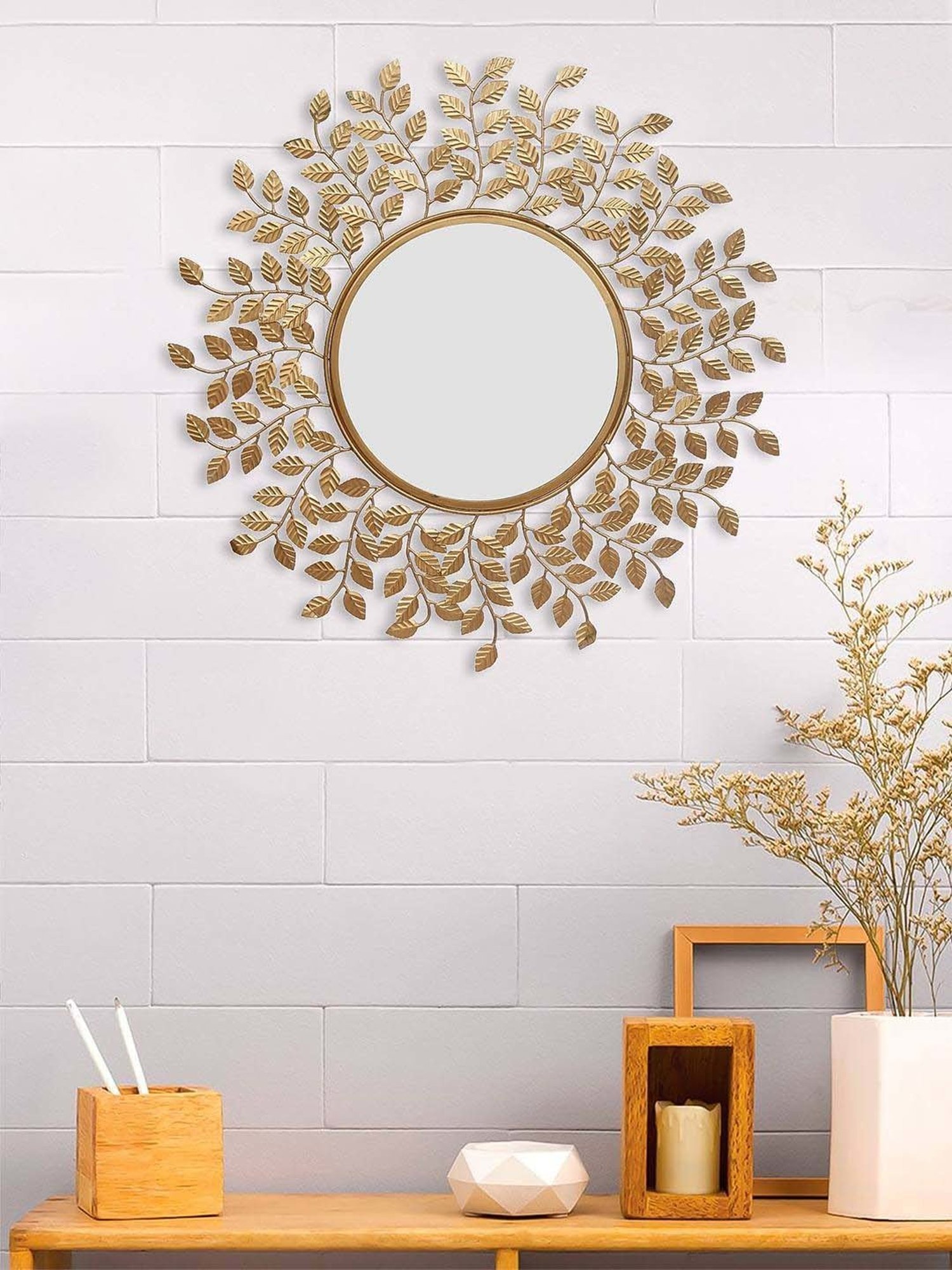 CHRONIKLE Golden Iron Leaf Style Round Wall Mirror