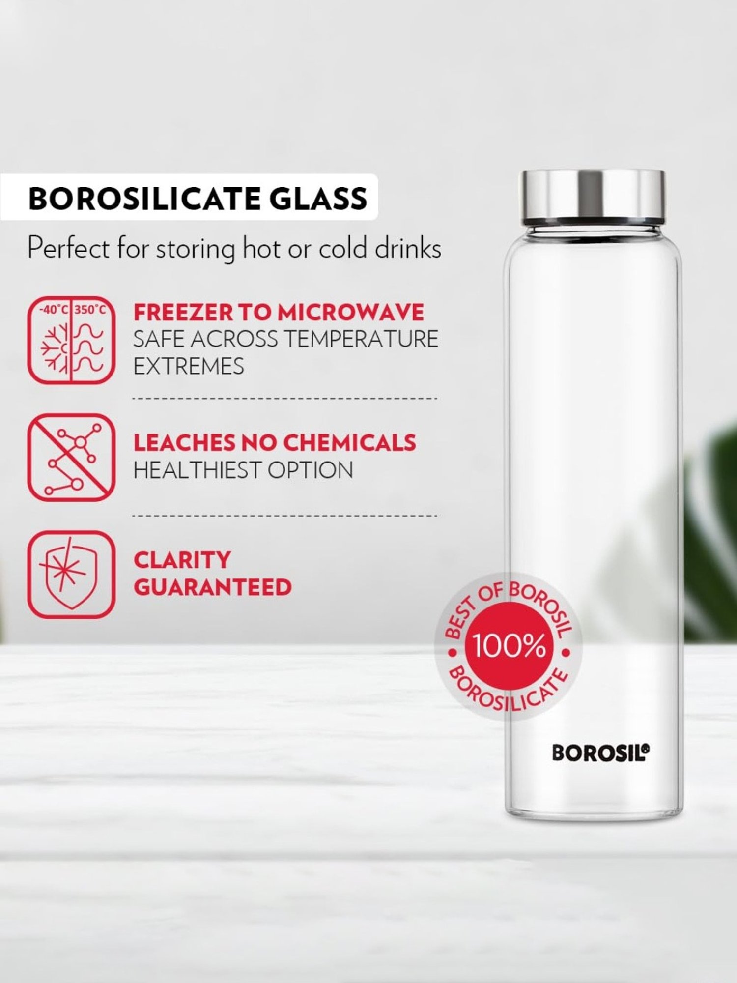Borosil Water Bottle with Leakproof & Easy to Carry Set of 3 (Transparent, 750 ml)