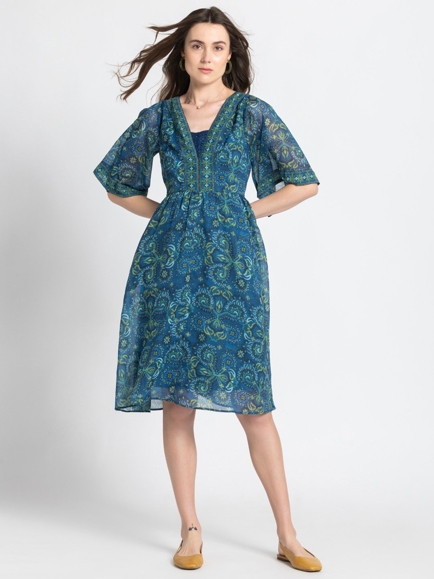 SHAYE Teal & Green Printed A Line Dress