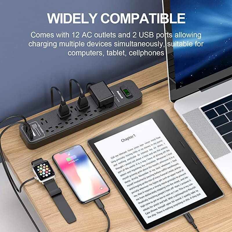 Power Strip Flat Plug  Surge Protector with 2 USB Port and 12 AC Outlet 6ft Heavy Duty Extension Cord Wall Mount Charging Station for Home Outdoor Office 2390Joule 5V24A