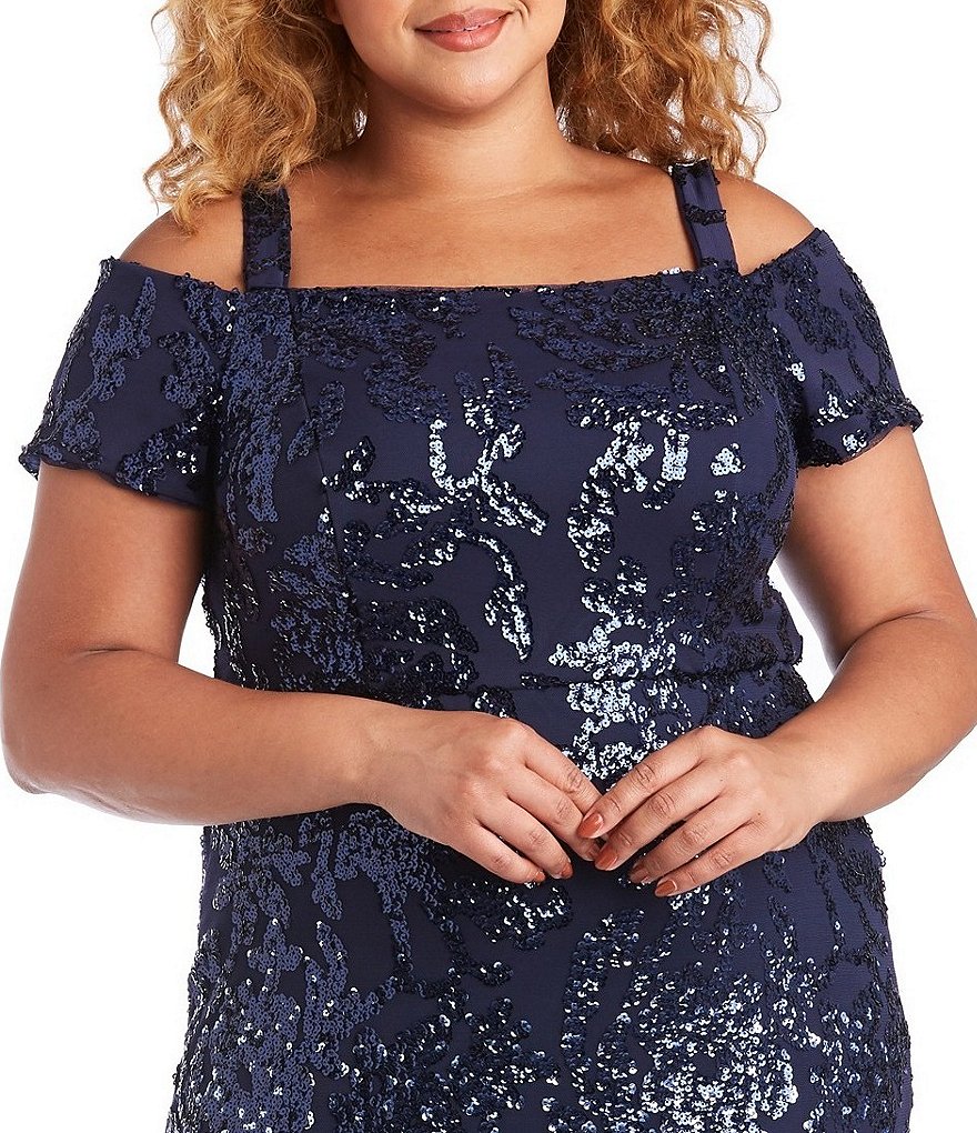 R & M Richards Plus Size Cold Shoulder Short Sleeve Square Neck Beaded Ombre Mermaid Gown