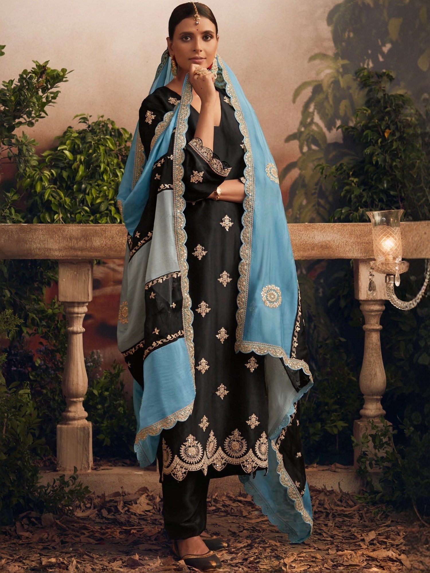 Indo Era Black Embroidered Kurta Pant Set With Dupatta