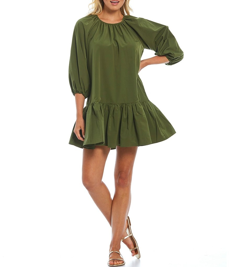 LDT Rachel Jewel Neck Ruffled Poof Swing Dress