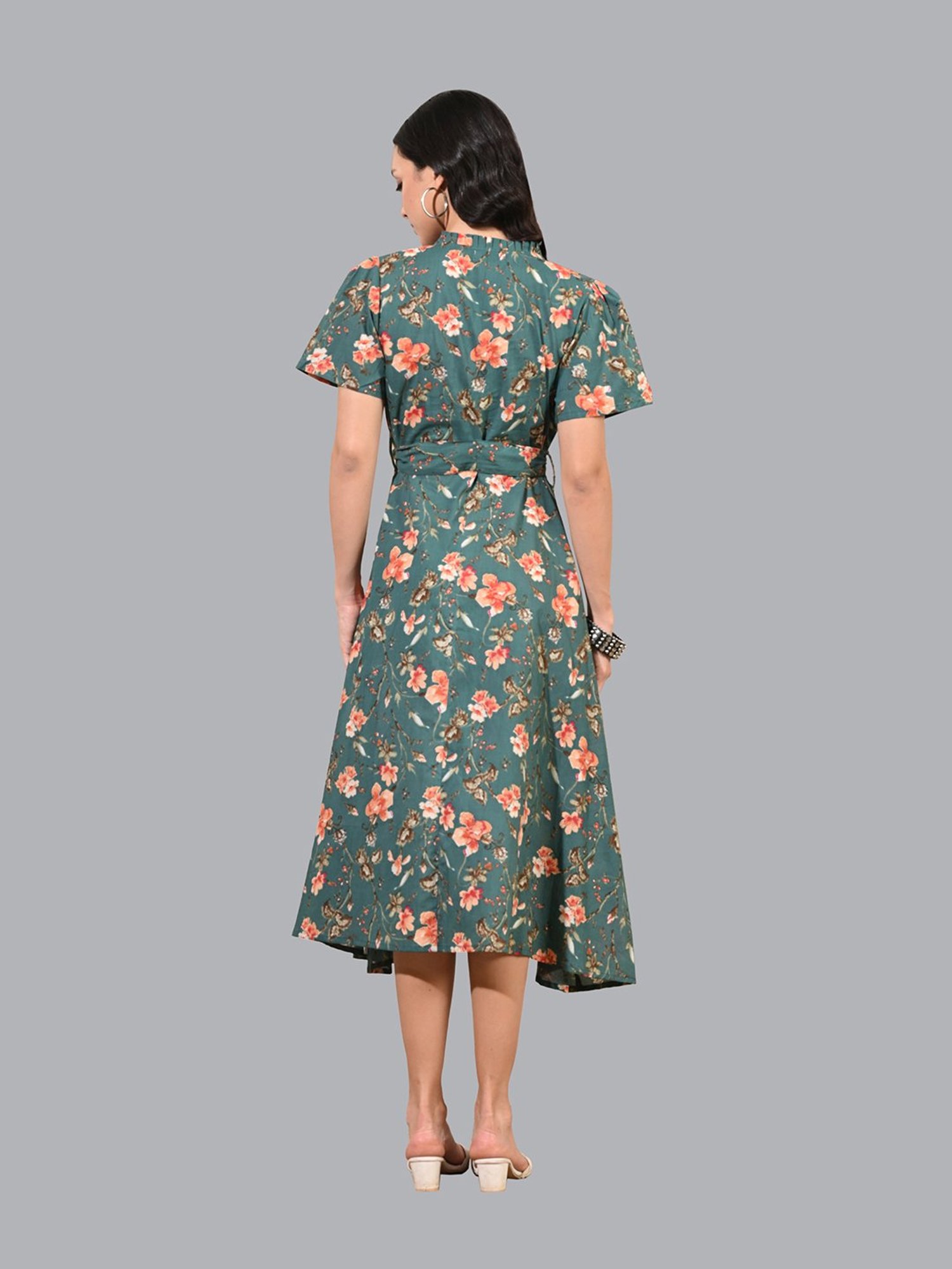 DECKEDUP Teal Cotton Floral Print Wrap Dress