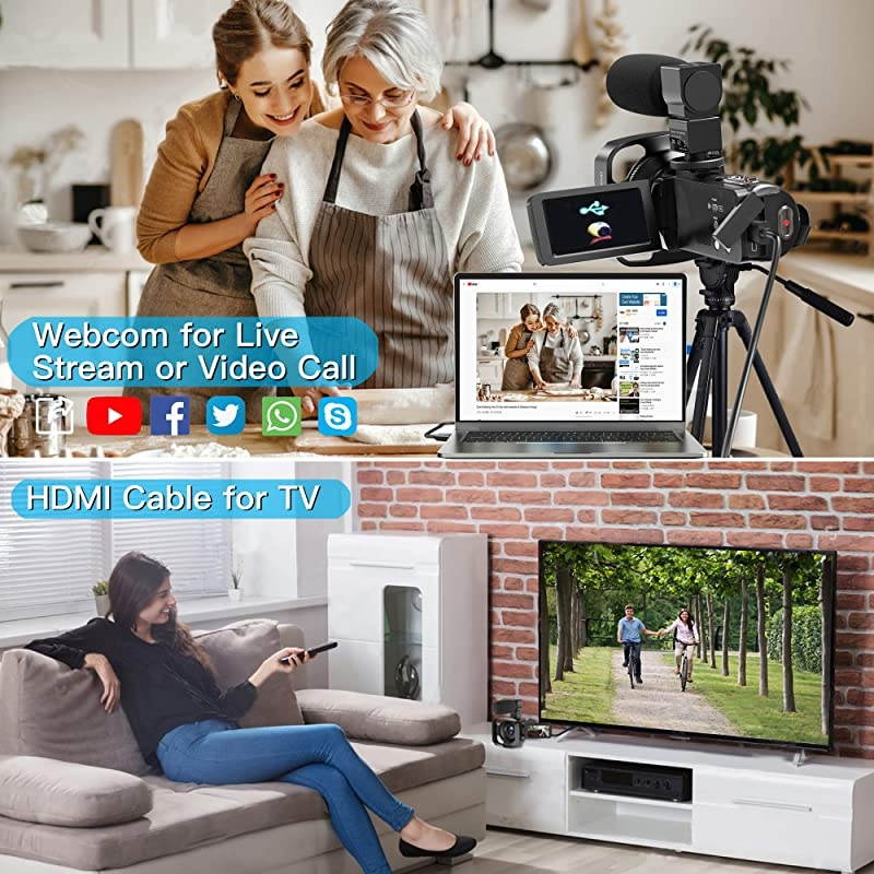 Camcorder Video Camera with Microphone, 2.7K UHD Vlogging Cameras for YouTube IR Night Vision 30FPS 36MP 16X Zoom 3.0 Inch 270&deg; Rotatable Touch Screen Remote Control 2 Batteries