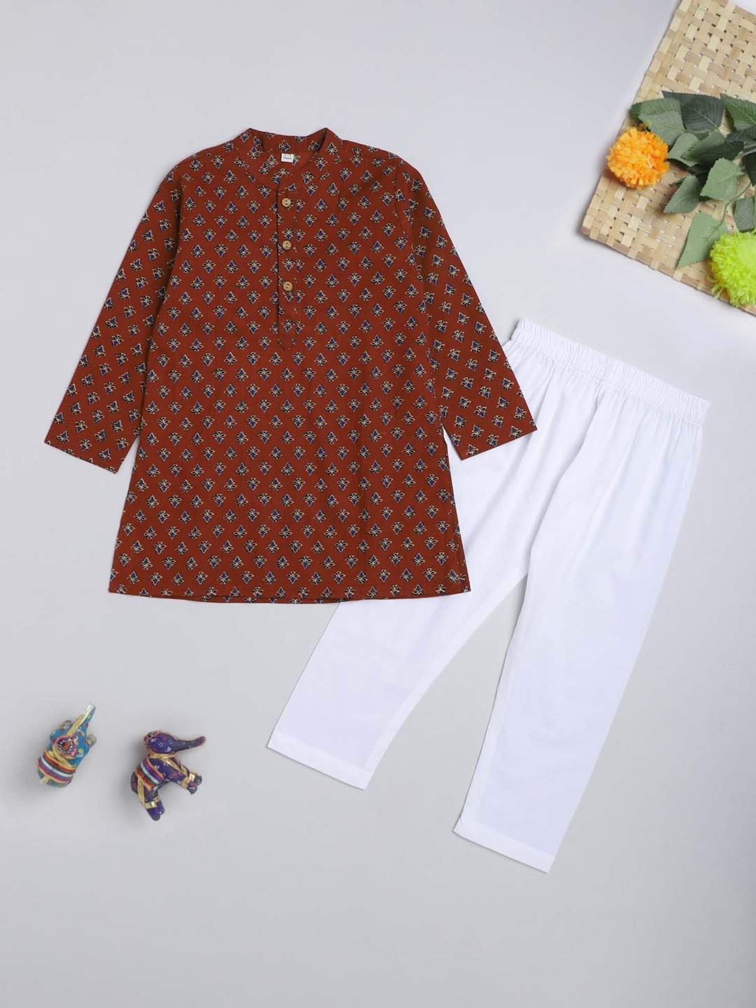 The Magic Wand Kids Maroon & White Cotton Floral Print Full Sleeves Kurta Set