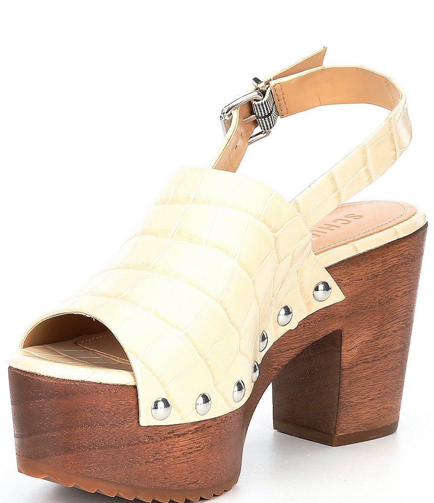 Schutz Yeda Croco Print Studded Leather Platform Block Heel Slingback Clog Sandals