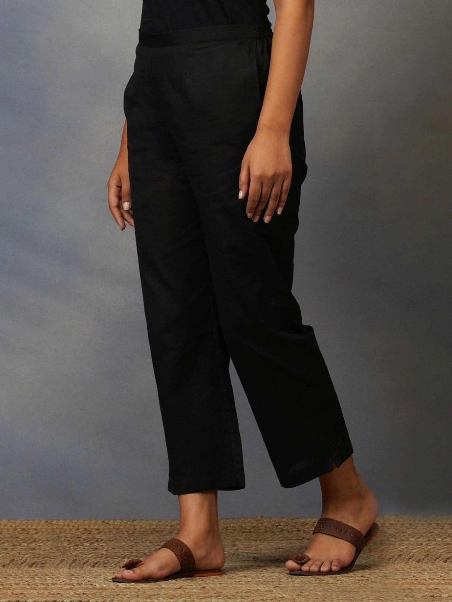 Akiso Bakhair Black Cotton Flex Straight Pants