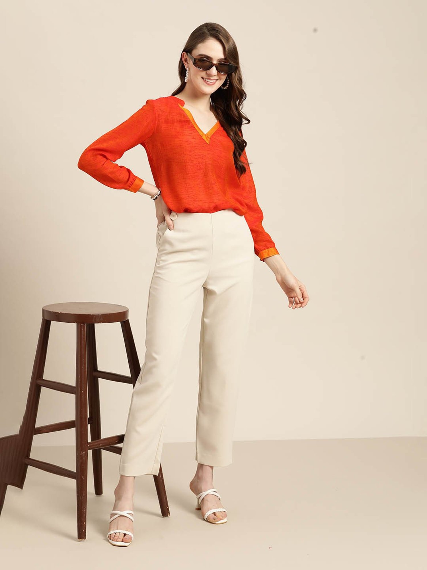 Qurvii Orange Silk Regular Fit Top