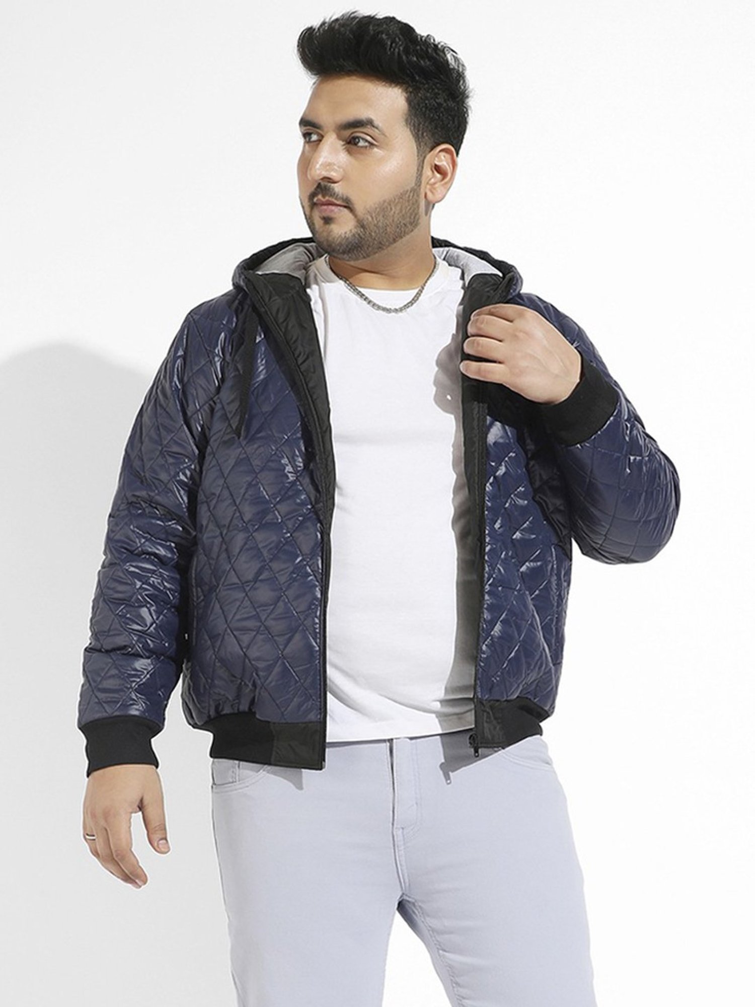 Instafab Plus Blue Regular fit Quilted Plus Size Hooded Jacket