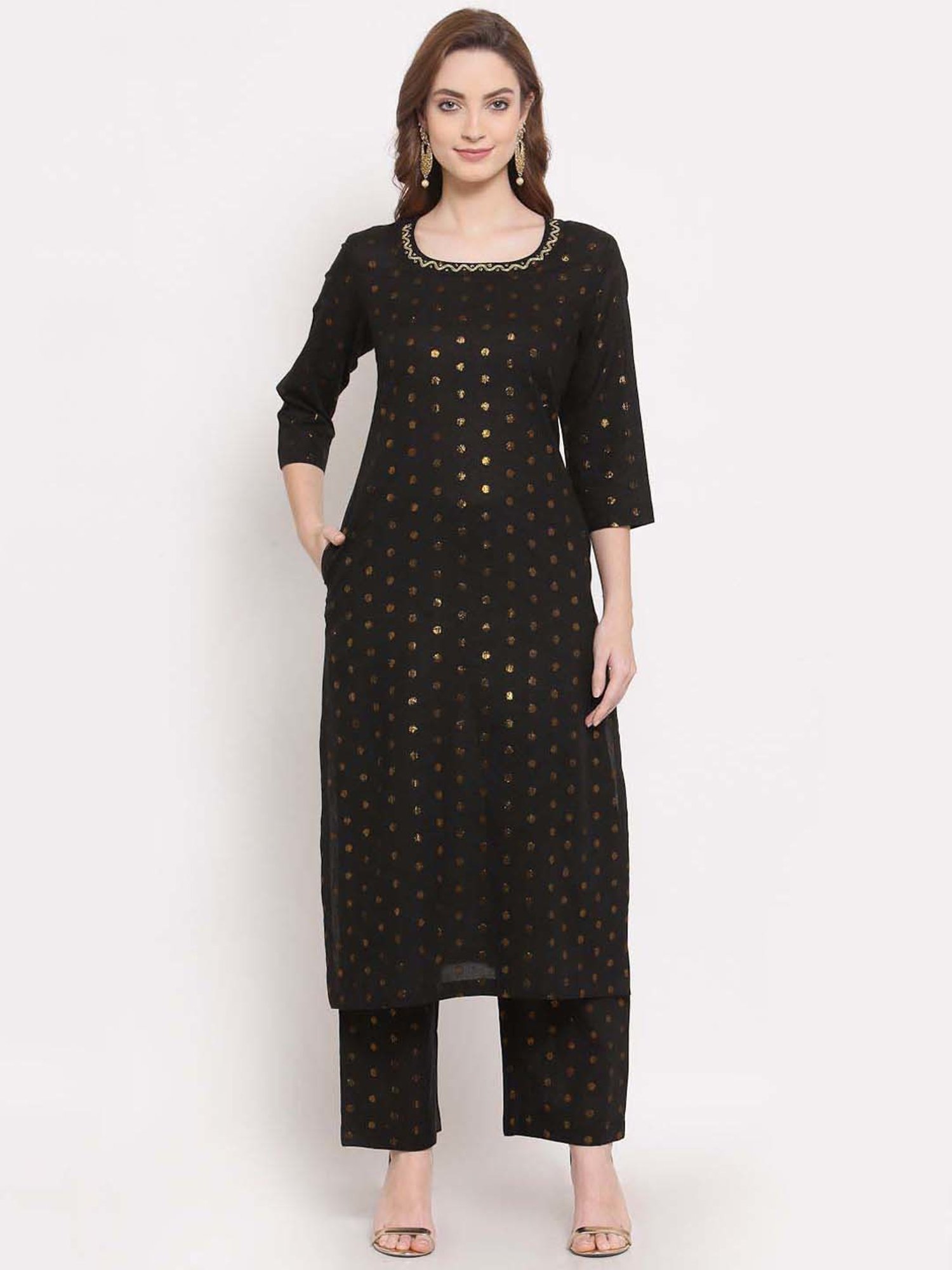 DART STUDIO Black Cotton Embroidered Kurta Palazzo Set