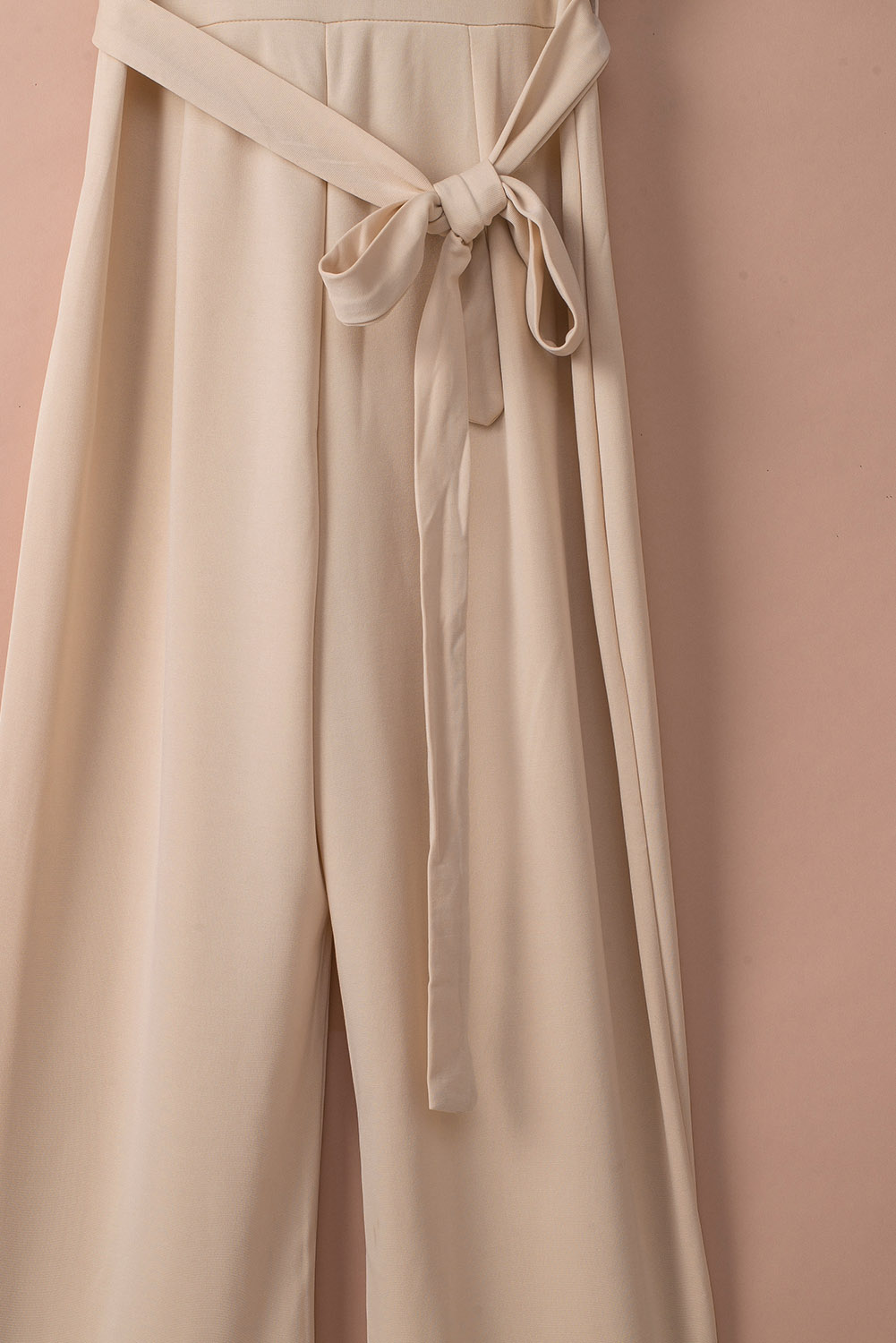 Rose Tan Solid Self Tied Straps Pleated Wide Leg Jumpsuit