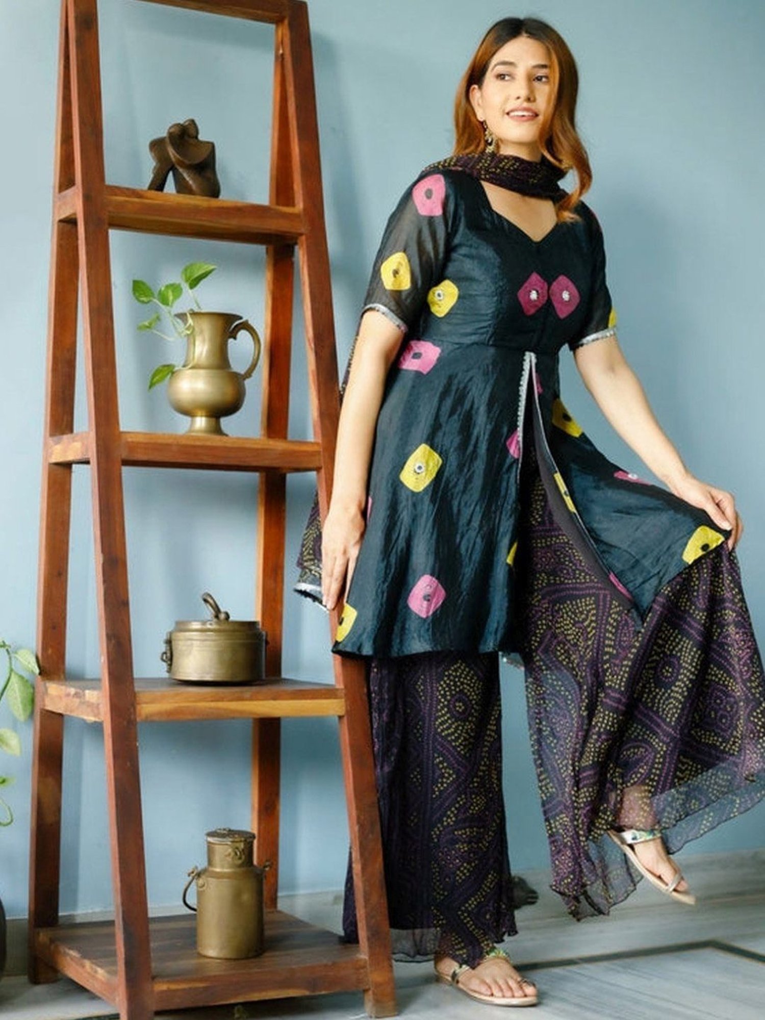 Thread and Button Black Terk Bandhej Kurta and Palazzo with Dupatta