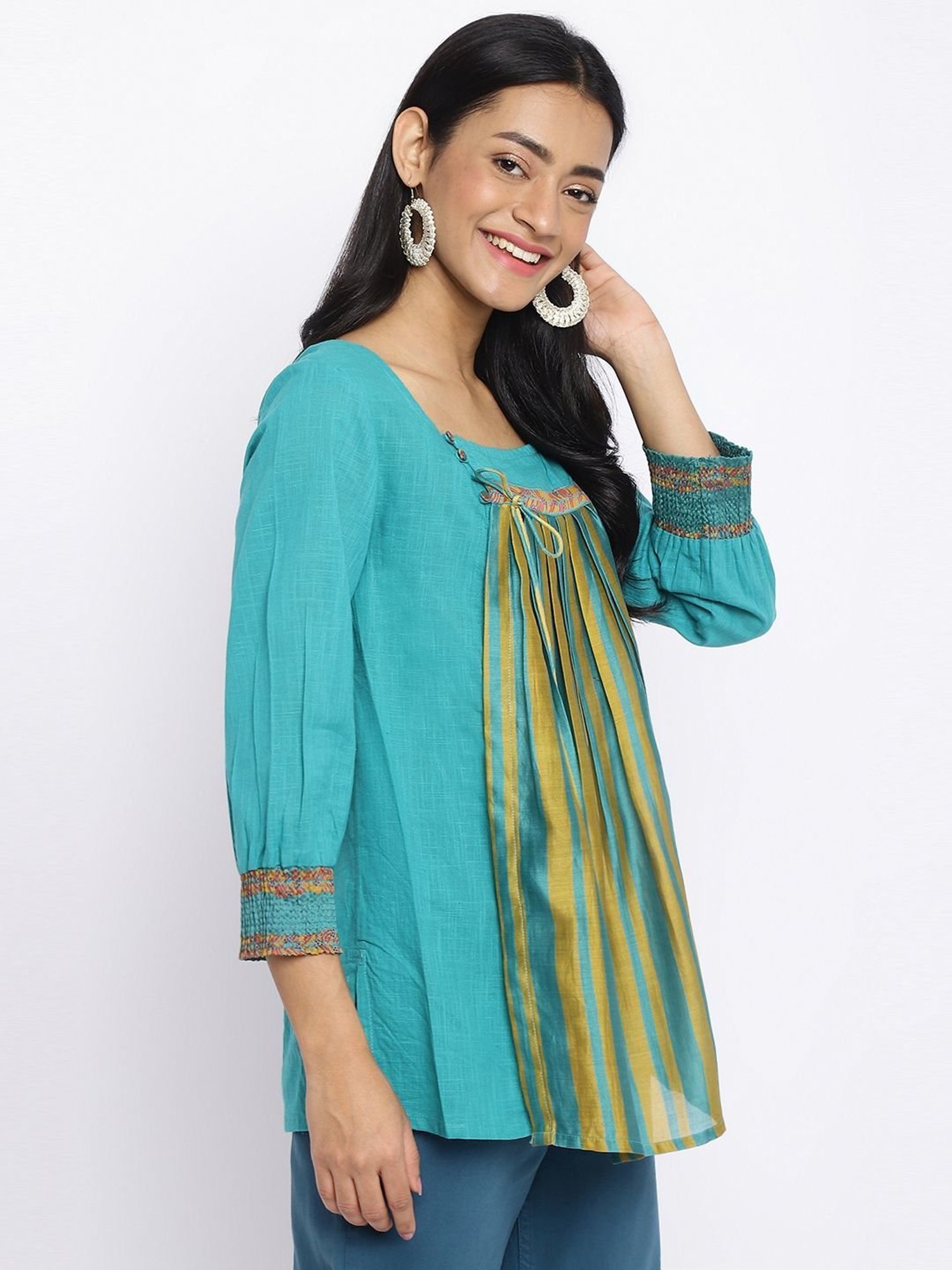 Fabindia Turquoise Cotton Printed Tunic