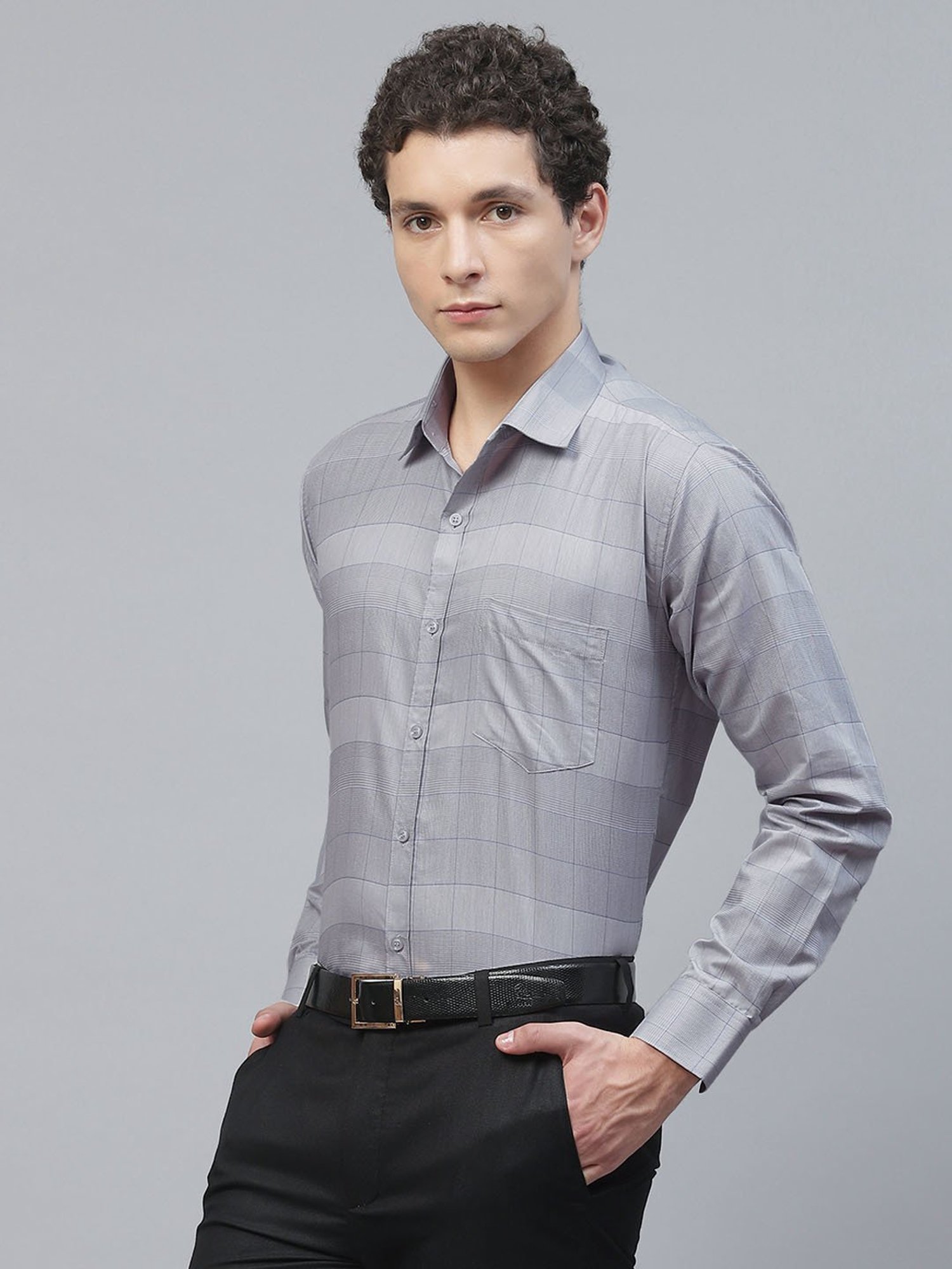 ManQ Grey Regular Fit Checks Shirt