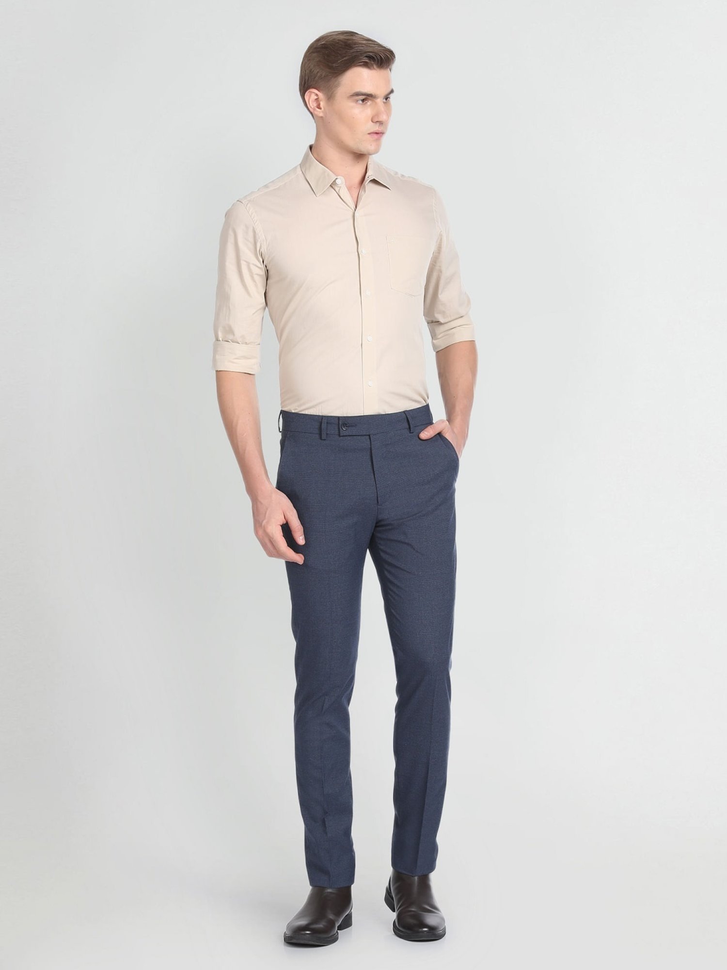 Arrow Blue Cotton Slim Fit Texture Trousers