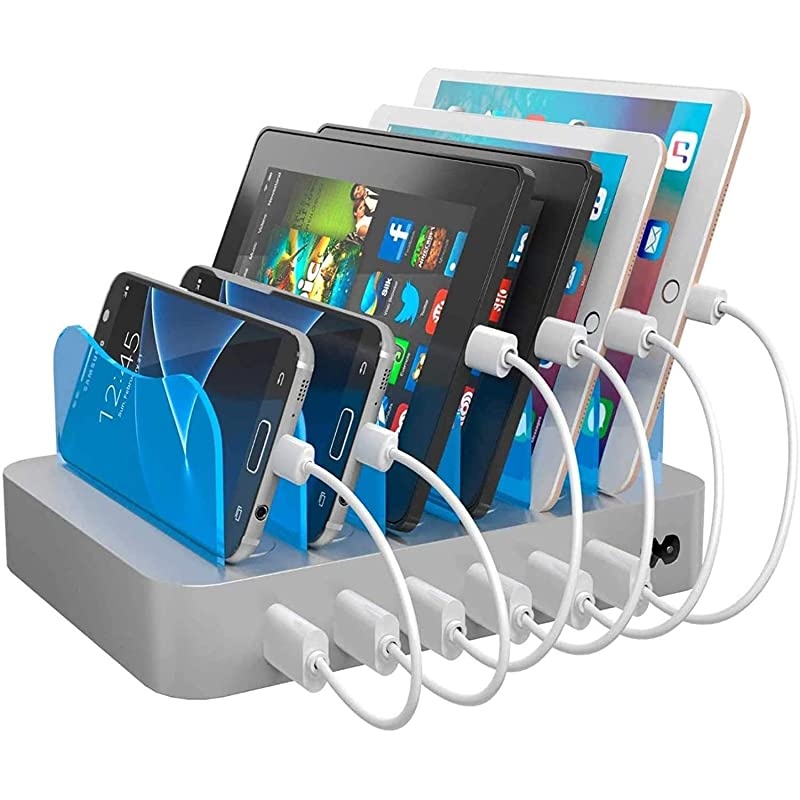 Charging Station for Multiple Devices Silver 6 Short Mixed Cables Included for Cell Phones Smart Phones Tablets and Other Electronics Multi Charger Organizer Docking Station