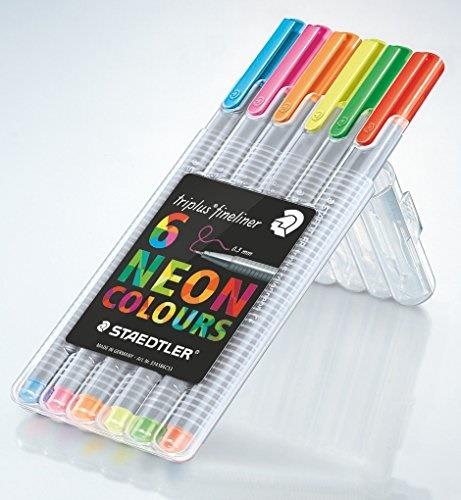 Triplus Fineliner Neon Coloring Pens in Case, 0.3mm, Metal Clad Tip, 6/PK, Assorted