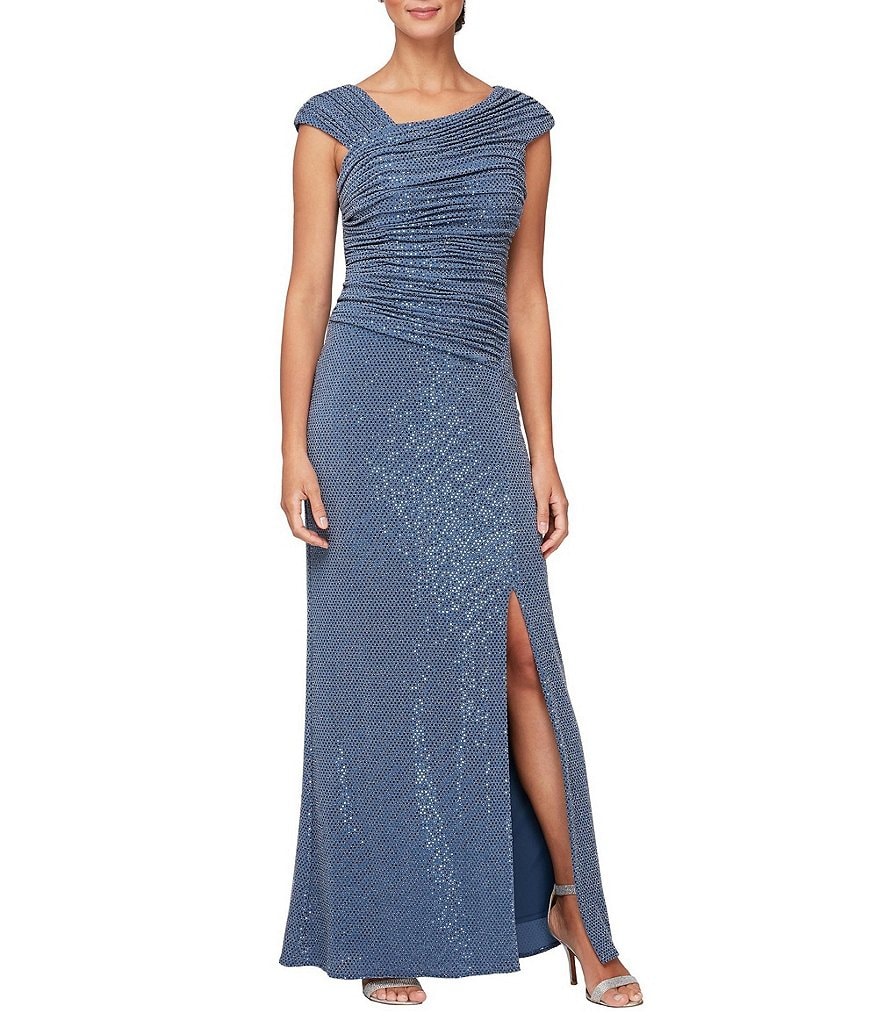 Alex Evenings Cap Sleeve Pleated Sequin Stretch Metallic Knit Gown