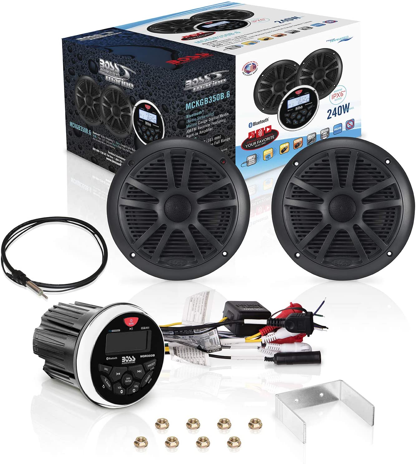 Boss Audio Systems - MCKGB350B.6 - BOSS AUDIO MCKGB350B.6 Marine Package Includes MGR350B In-Dash Gauge AM/FM Digital Media Receiver with Bluetooth, One Pair of 6.5 inch MR6B Marine Speakers, MRANT10