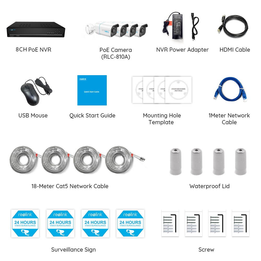 Reolink 8CH 4K Security Camera System 4pcs 8MP Smart Person/Vehicle Detection Wired Outdoor PoE IP Cameras and 8CH 2TB HDD NVR for 24/7 Recording, Remote Access, RLK8-810B4-A