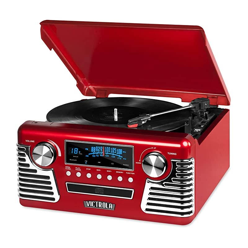 50s Retro Bluetooth Record Player Multimedia Center with Builtin Speakers 3Speed Turntable CD Player AMFM Radio | Vinyl to MP3 Recording | Wireless Music Streaming | Red