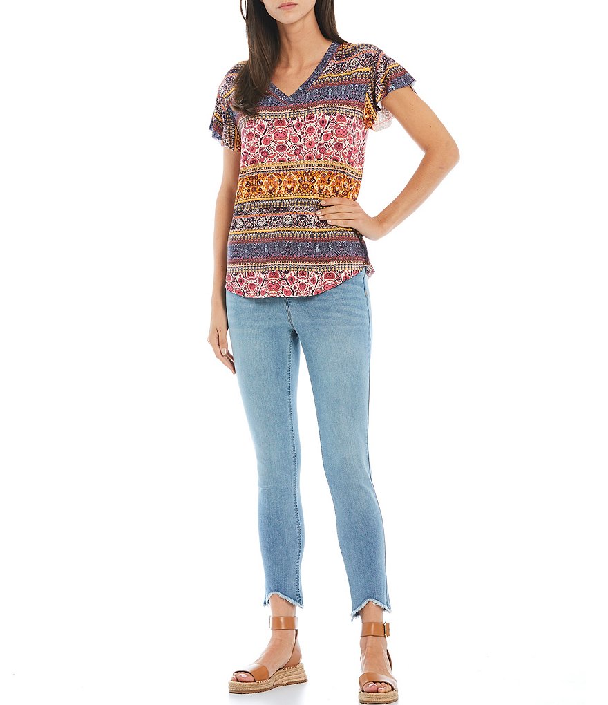 One World Apparel Multi Geo Print Slub Knit V-Neck Flutter Sleeve Drop Shoulder Top