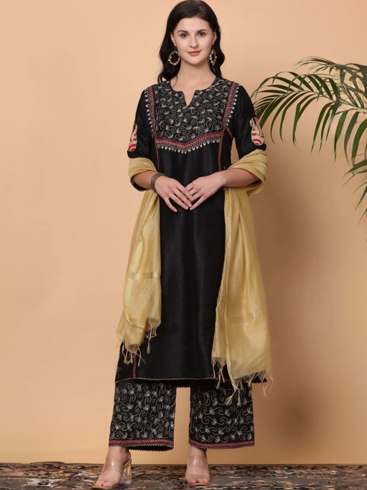 Kaanchie Nanggia Black Embroidered Kurta and Pallazo With Gold Dupatta