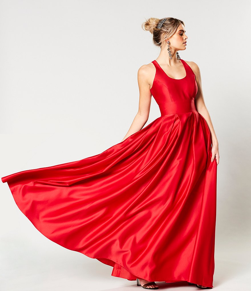 Morgan & Co. Sleeveless Racer-Back Pleated Satin Ball Gown