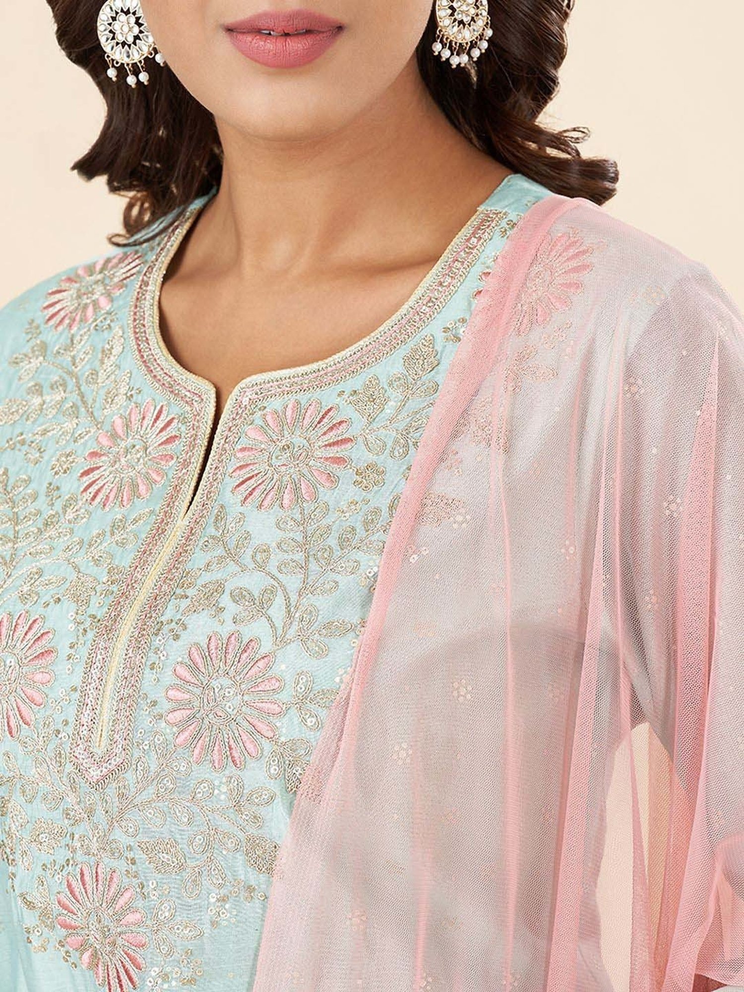 Rangmanch by Pantaloons Blue Embroidered Kurti Palazzo Set With Dupatta